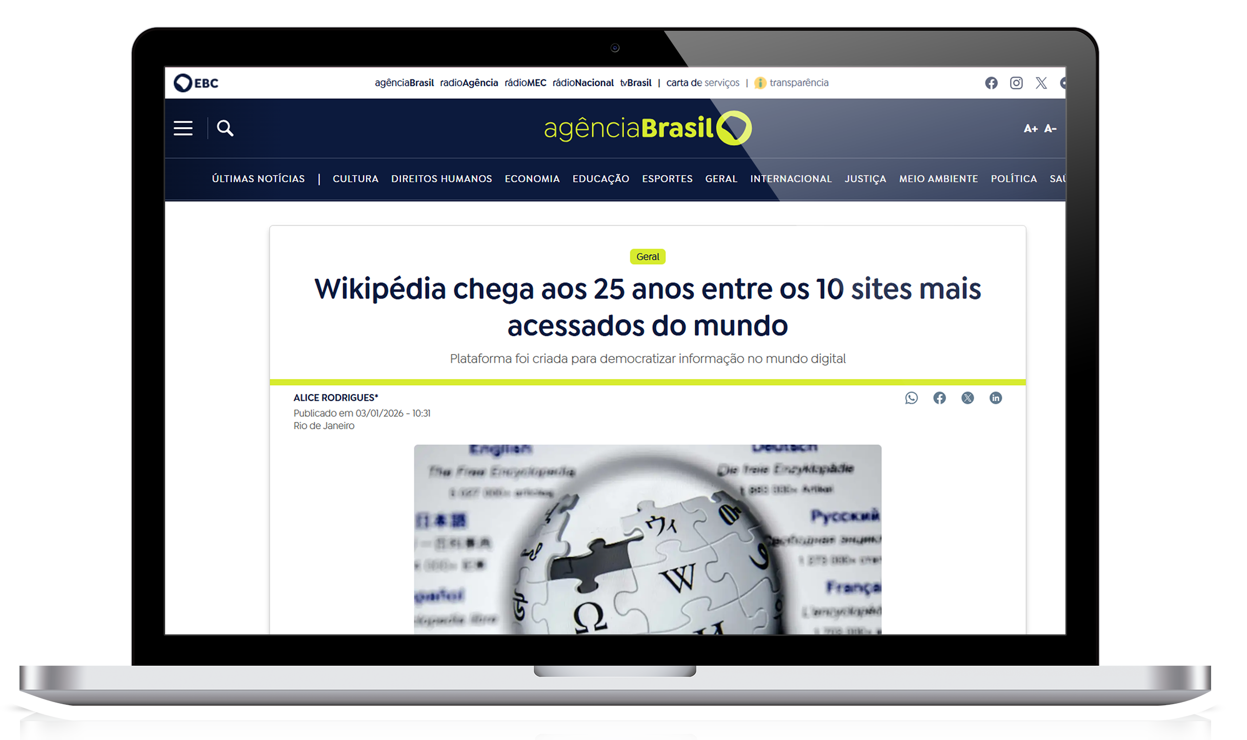 Notebook exibindo cobertura da Wikimedia na mídia