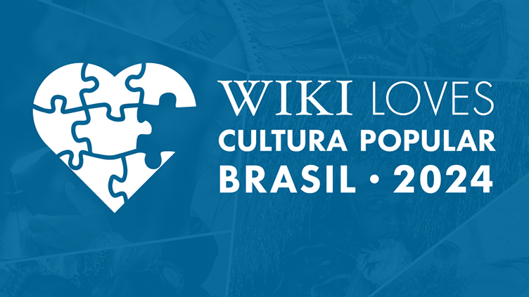 Logo do Wiki Loves Cultura Popular 2024, com um a ilustração de um coração em formato de quebra-cabeça faltando uma peça na cor branca.